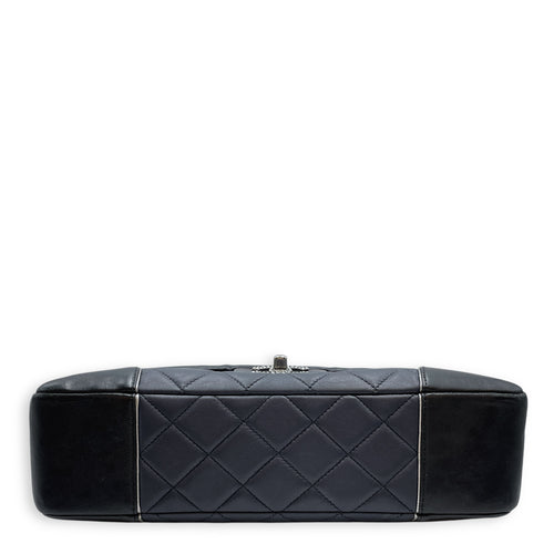 Tyrolean Paris Salzburg Single Large Black/Blue Flap Bag in Lambskin, Silver hardware