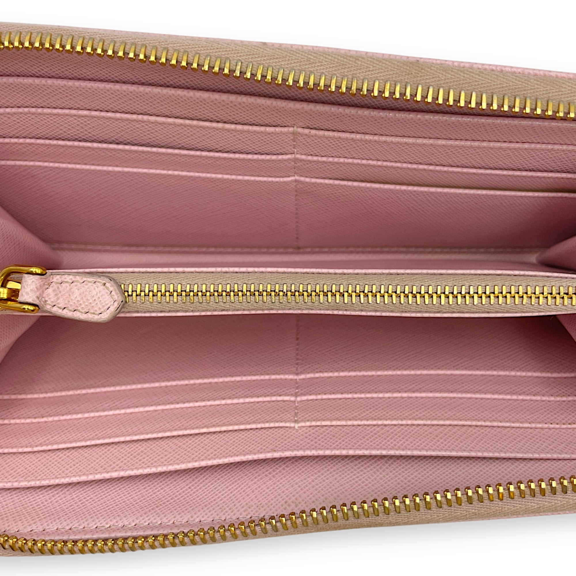 Zippy Long Pale Pink Wallet in Saffiano Leather, Gold hardware