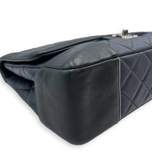 Tyrolean Paris Salzburg Single Large Black/Blue Flap Bag in Lambskin, Silver hardware