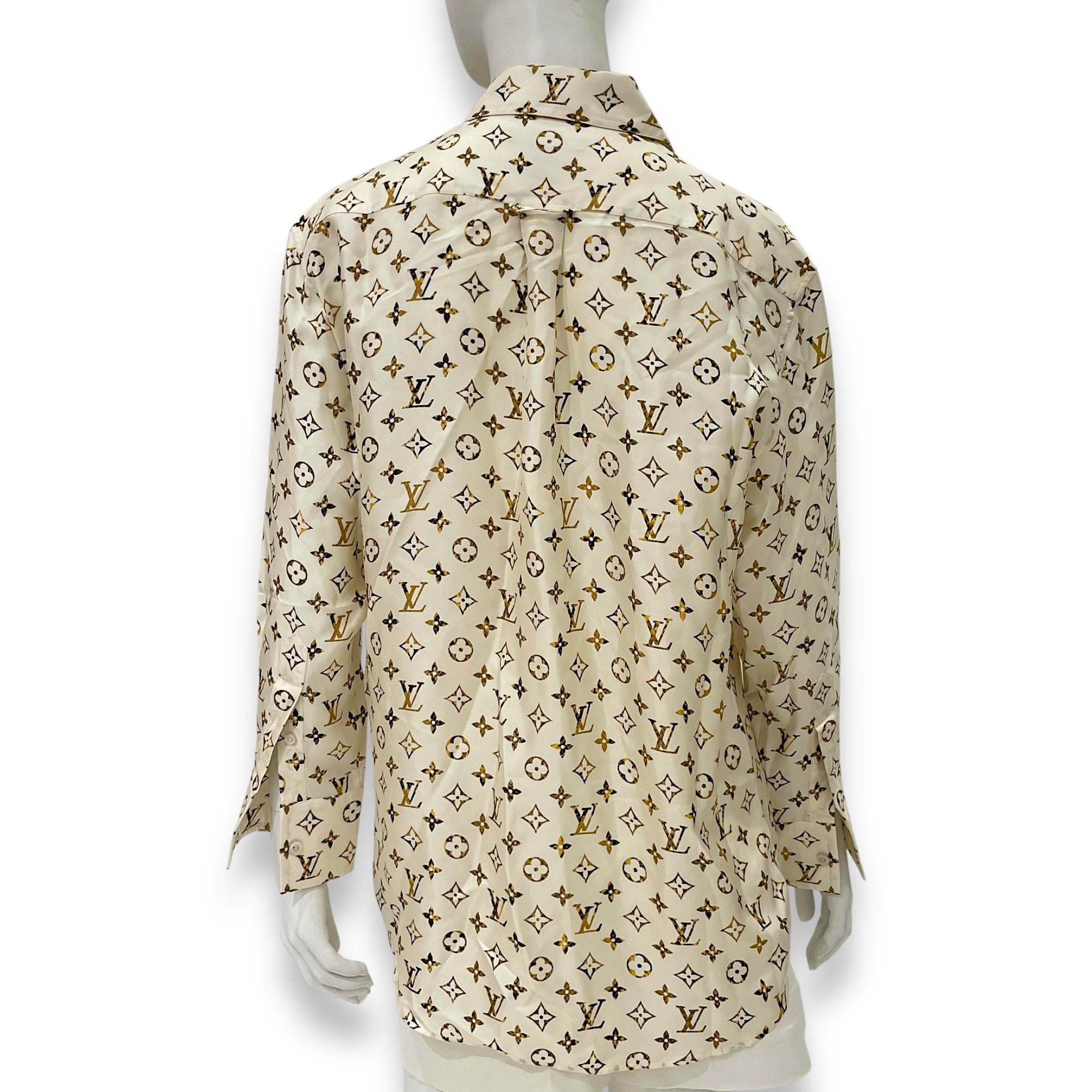 Monogram Zip Up Long Sleeve Shirt 36 Cream Ready-To-Wear in Silk
