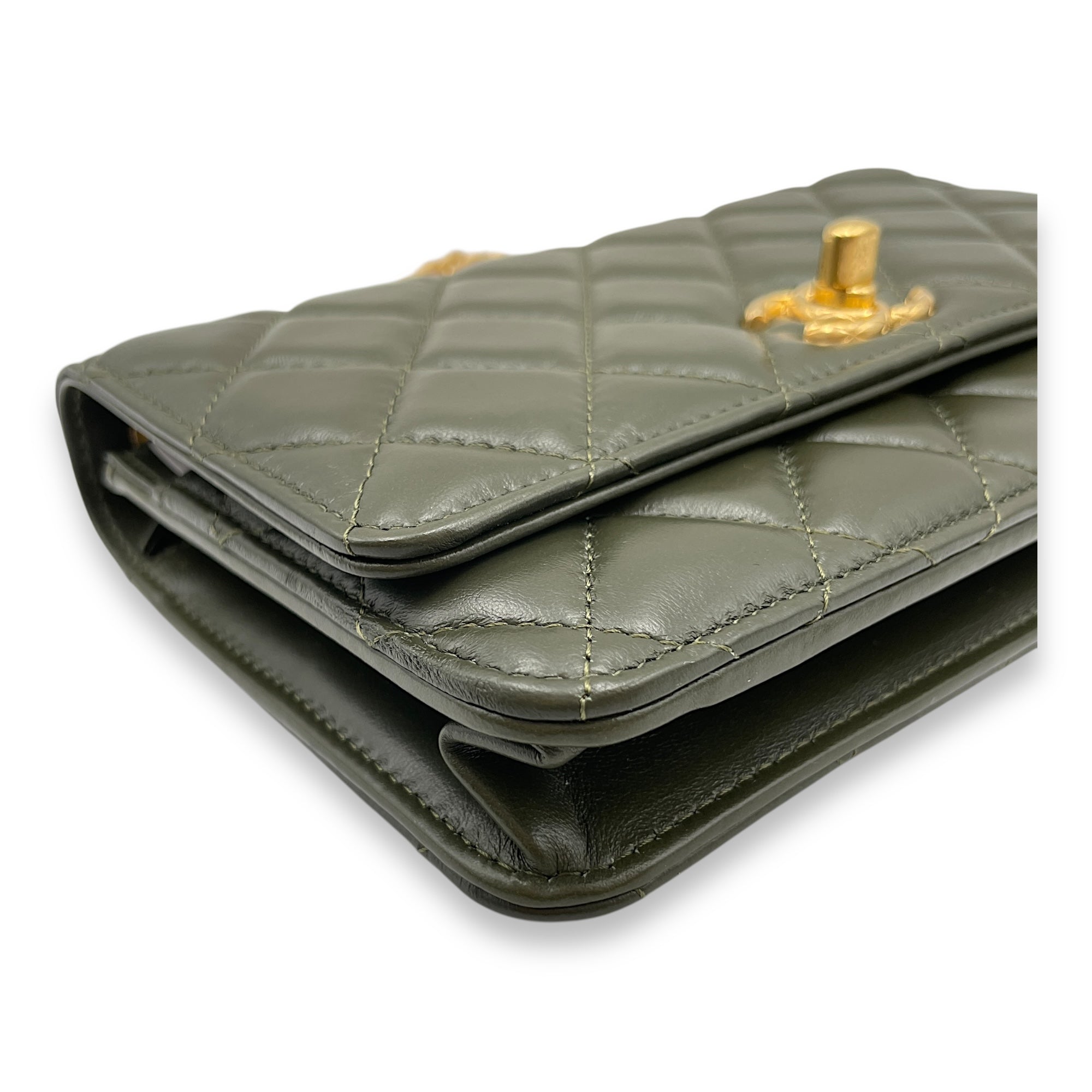 CC Quilted Olive Green Wallet on Chain in Lambskin, Gold hardware