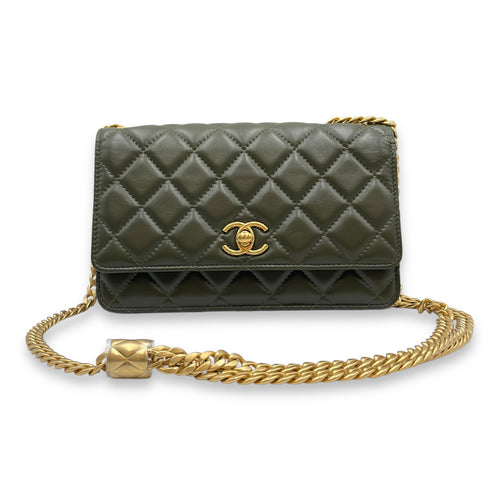 CC Quilted Olive Green Wallet on Chain in Lambskin, Gold hardware