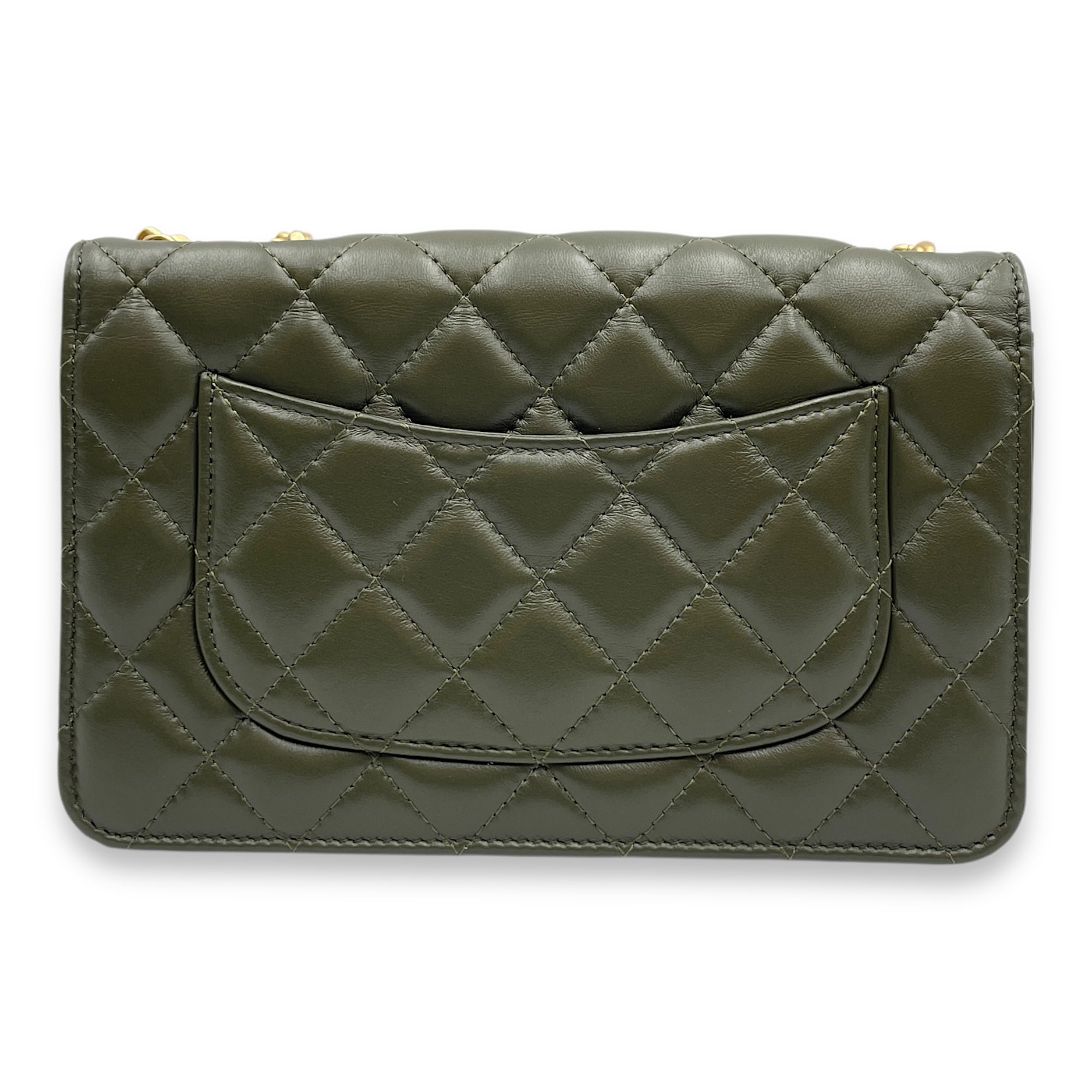 CC Quilted Olive Green Wallet on Chain in Lambskin, Gold hardware