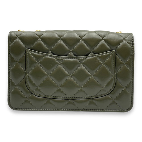 CC Quilted Olive Green Wallet on Chain in Lambskin, Gold hardware
