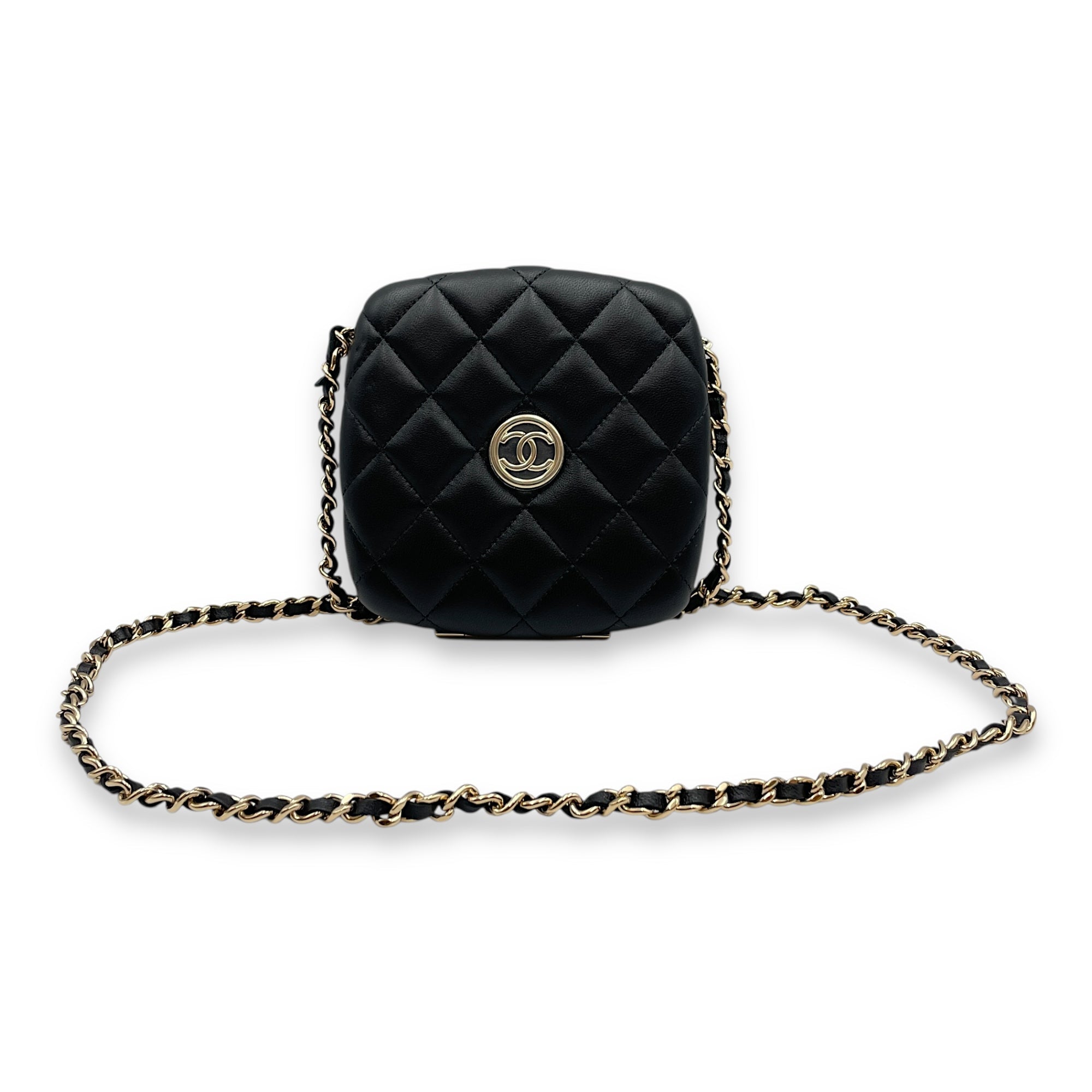 Quilted Compact  Black Vanity Bag in Lambskin Gold hardware