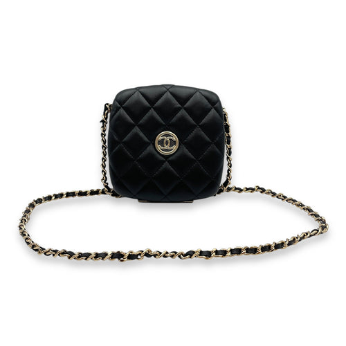 Quilted Compact  Black Vanity Bag in Lambskin Gold hardware