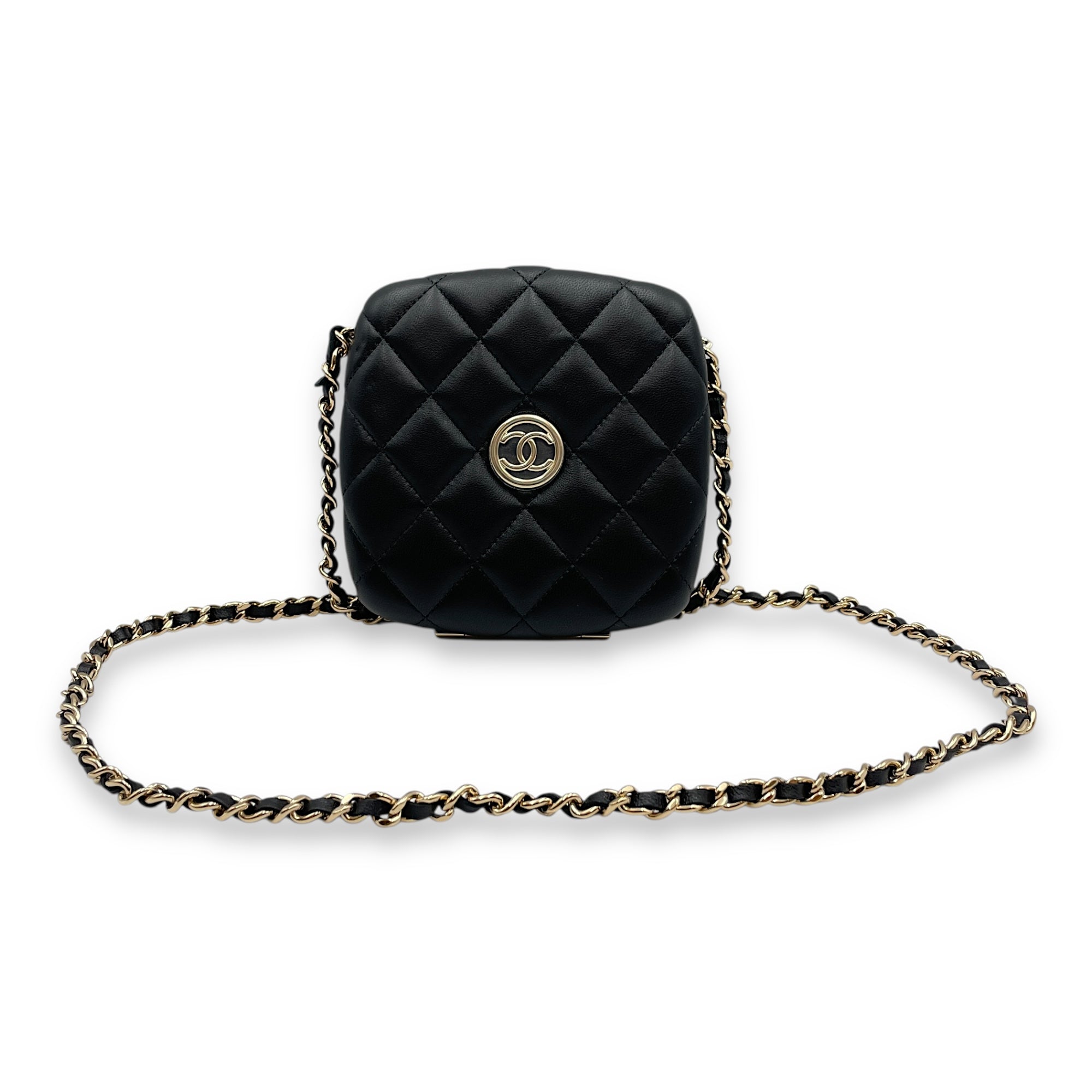 Quilted Compact Black Vanity Bag in Lambskin, Gold hardware
