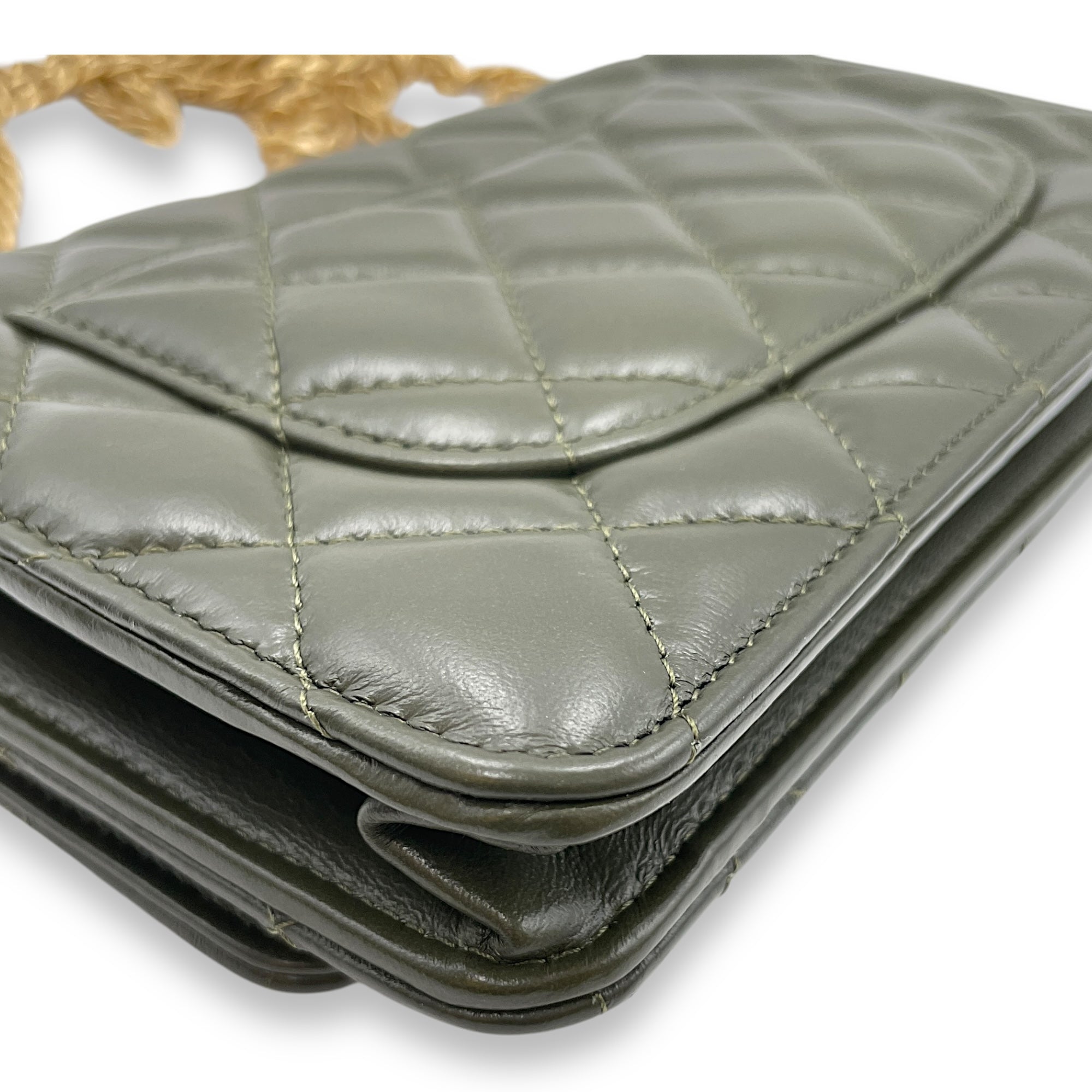 CC Quilted Olive Green Wallet on Chain in Lambskin, Gold hardware