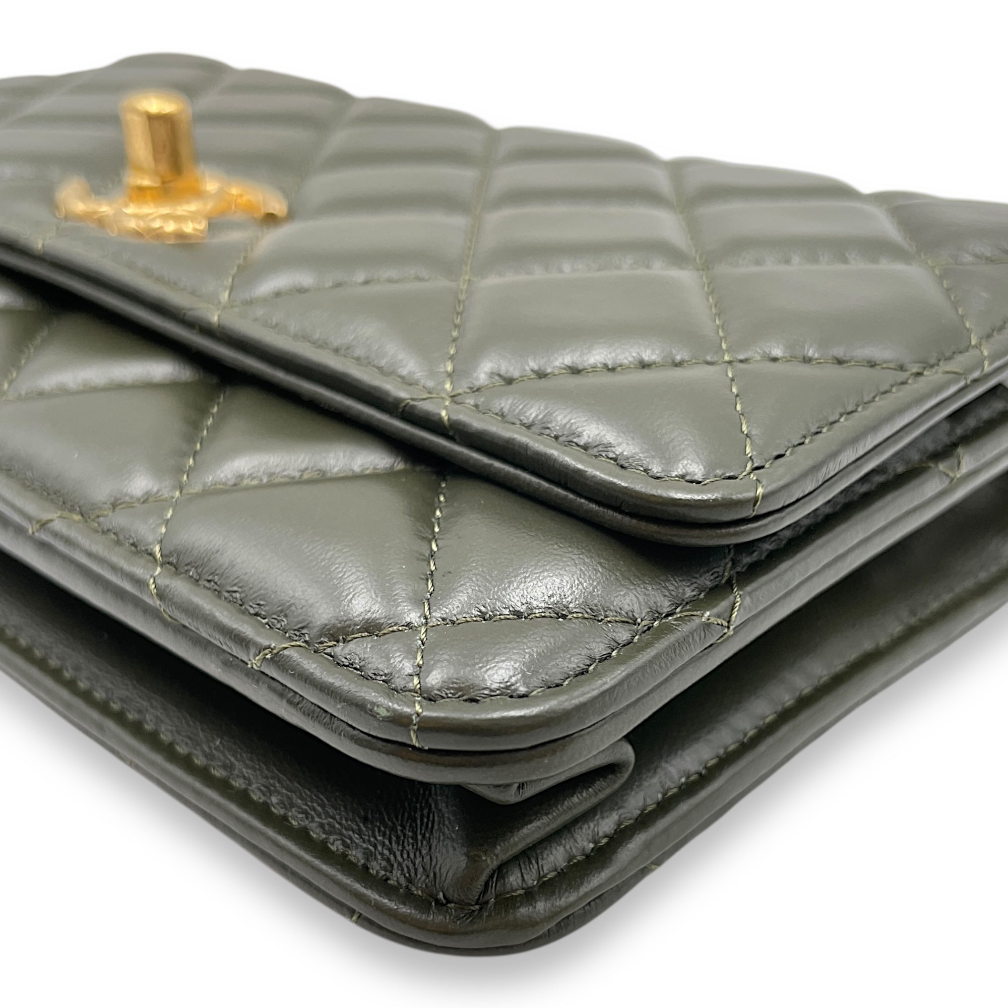 CC Quilted Olive Green Wallet on Chain in Lambskin, Gold hardware