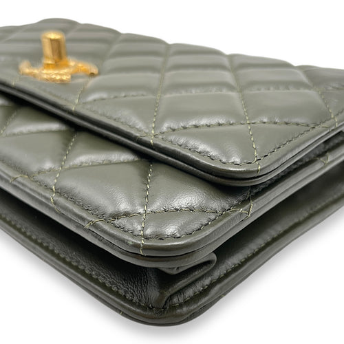 CC Quilted Olive Green Wallet on Chain in Lambskin, Gold hardware