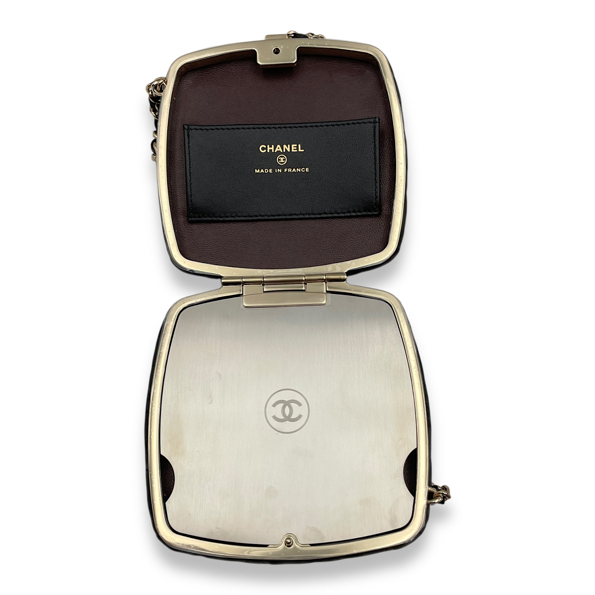 Quilted Compact  Black Vanity Bag in Lambskin Gold hardware