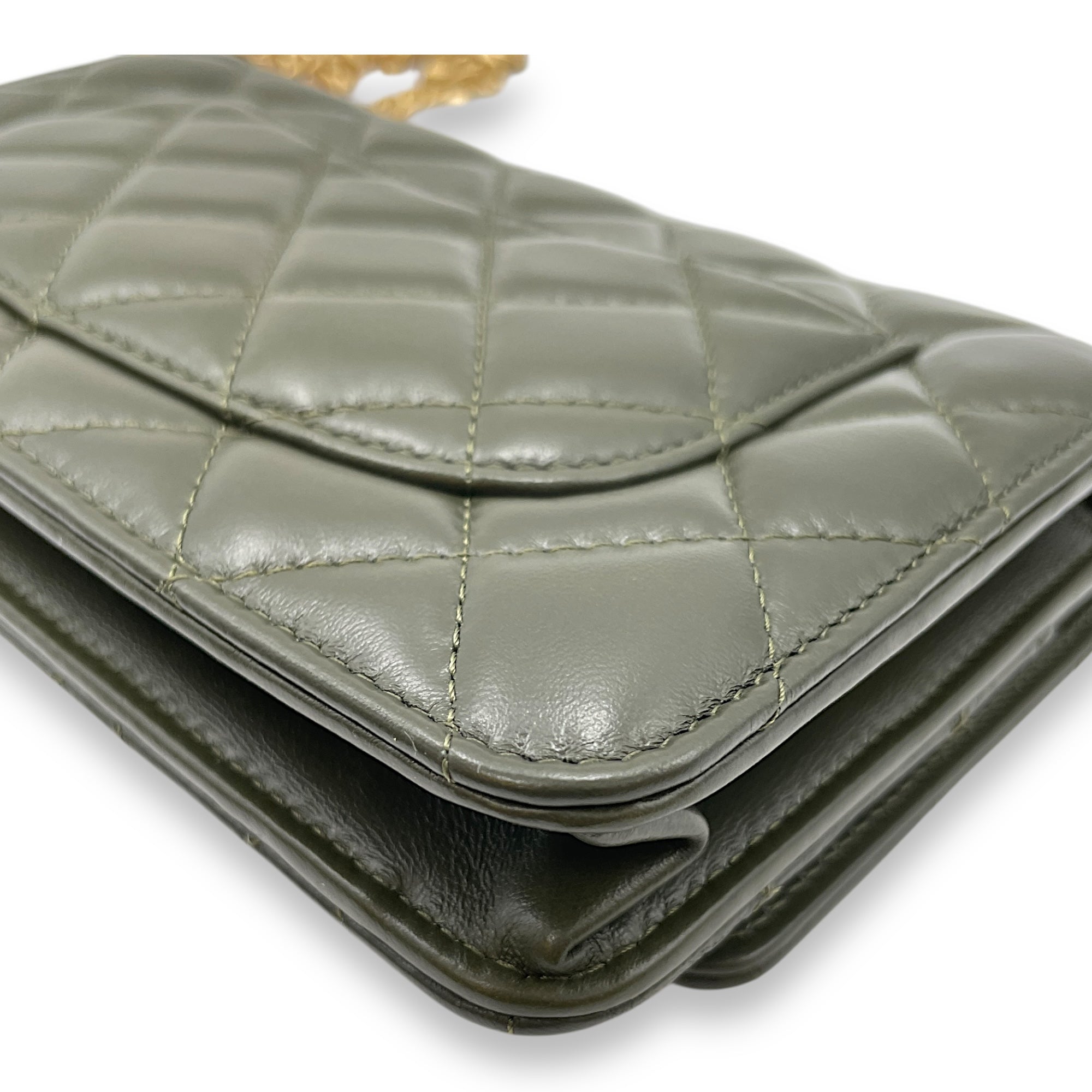CC Quilted Olive Green Wallet on Chain in Lambskin, Gold hardware