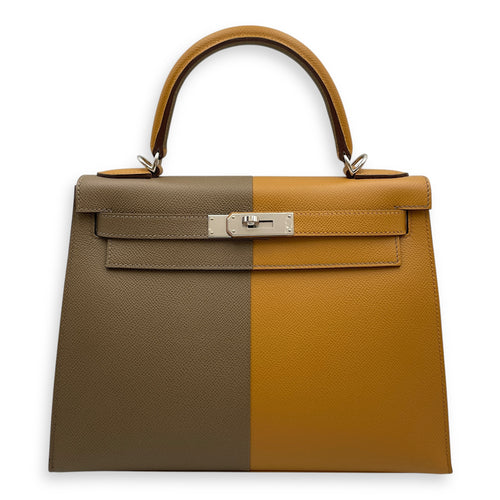 Casaque Sellier Kelly 28 Sesame/Etoupe/Blue Indigo in Epsom, Palladium hardware