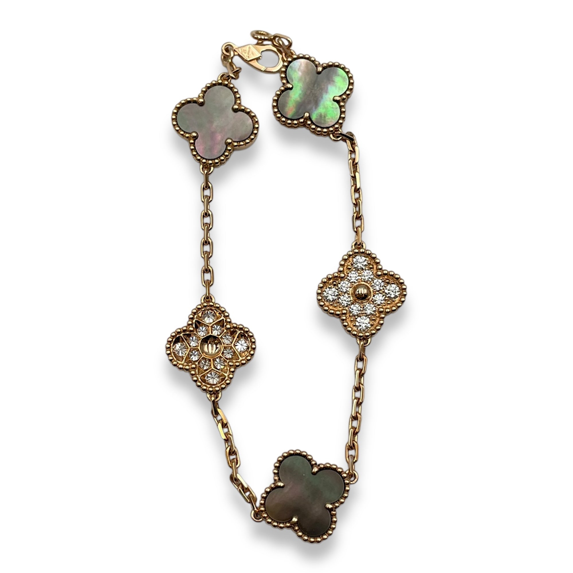 Vintage Alhambra, 5 Motifs Bracelet in Mother-of-Pearl/Diamonds, Grey, Rose Gold Hardware