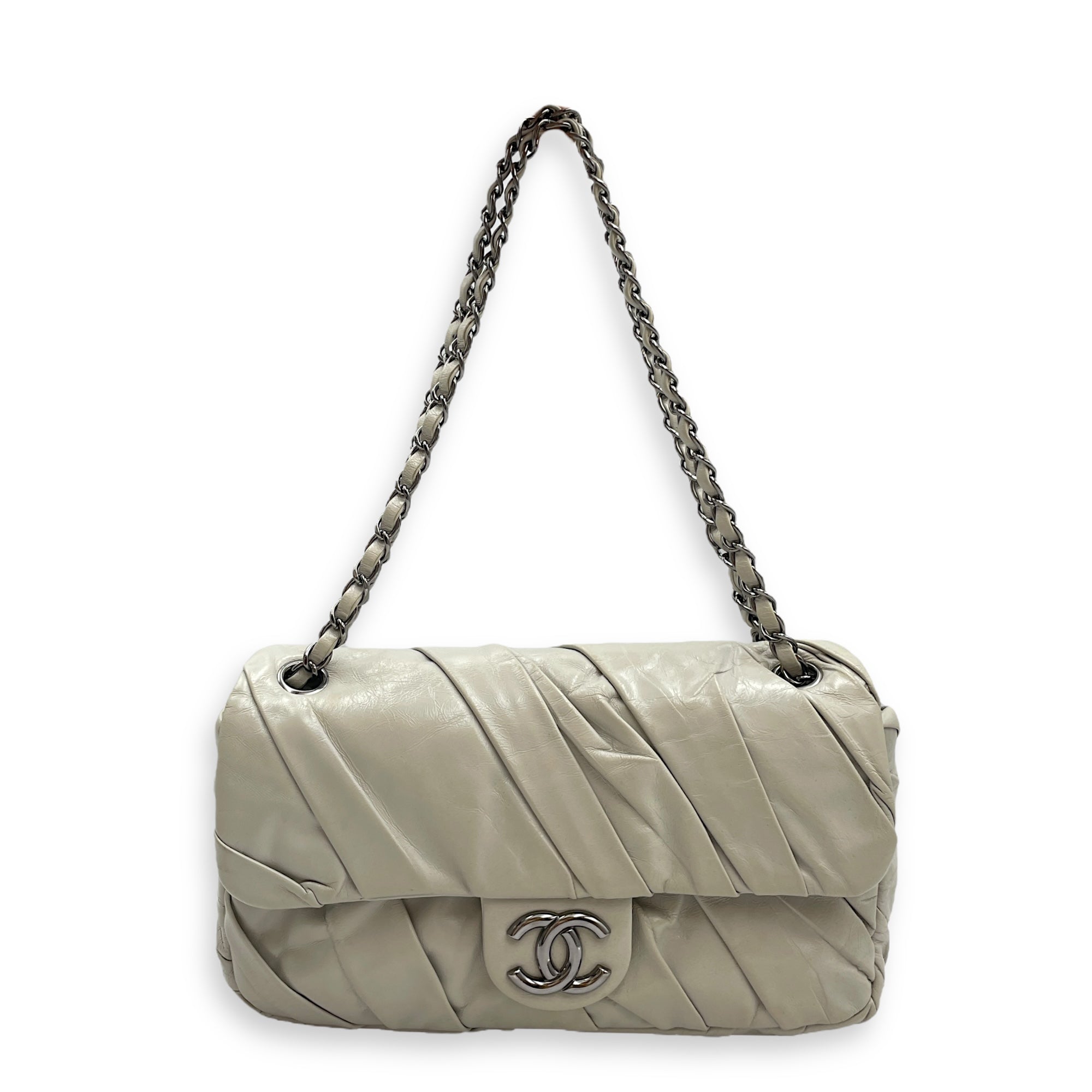 Twisted Maxi Grey Flap Bag in Calfskin, Silver hardware