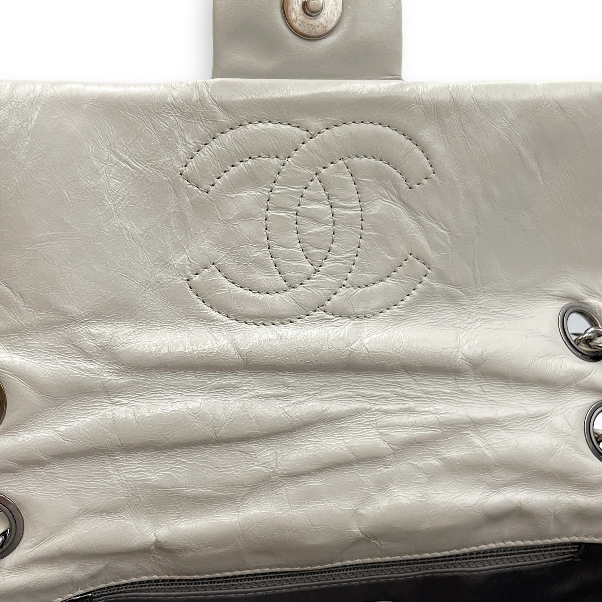 Twisted Maxi Grey Flap Bag in Calfskin, Silver hardware