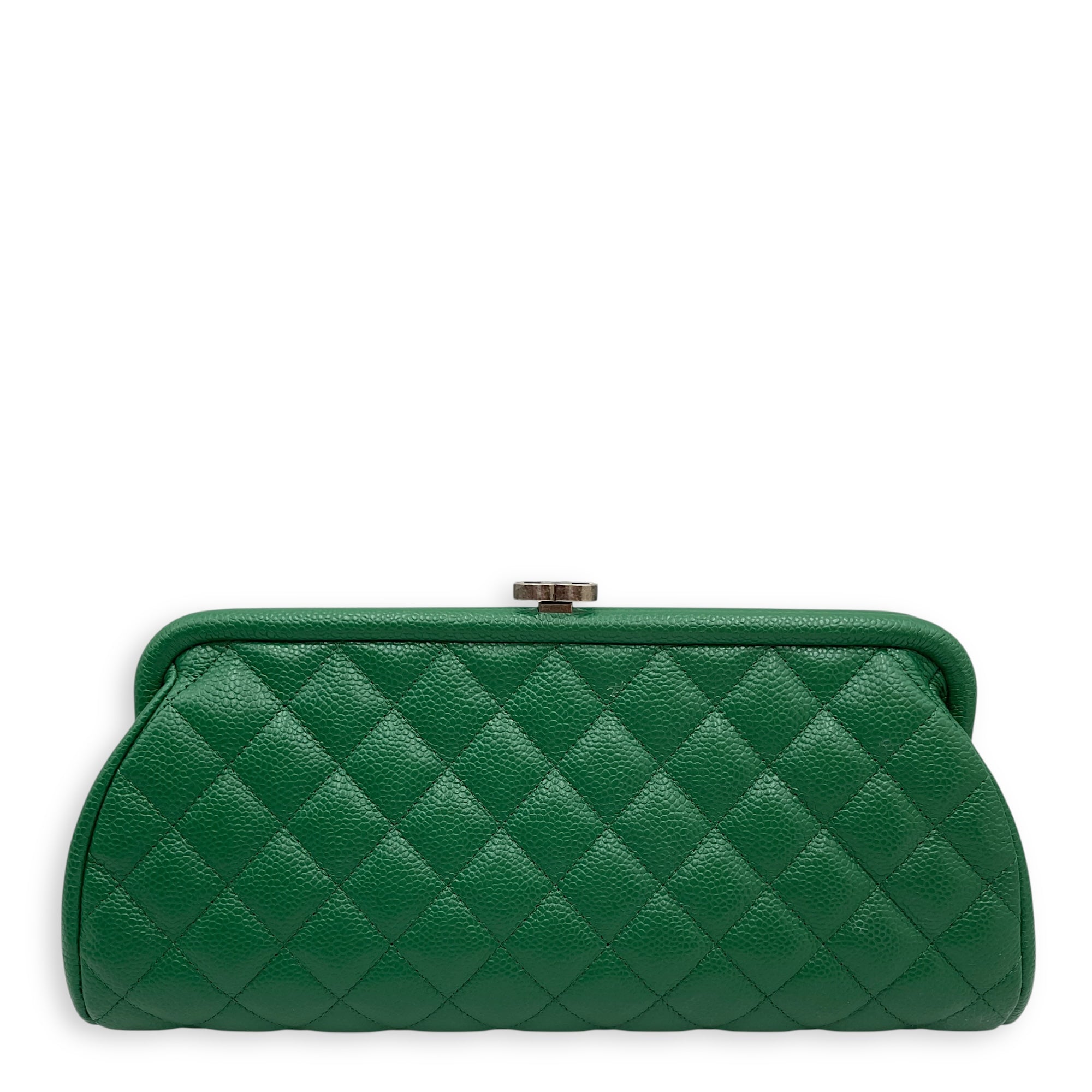 Quilted Timeless Green Clutch in Caviar Leather, Silver hardware
