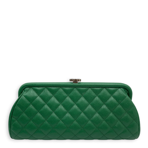 Quilted Timeless Green Clutch in Caviar Leather, Silver hardware