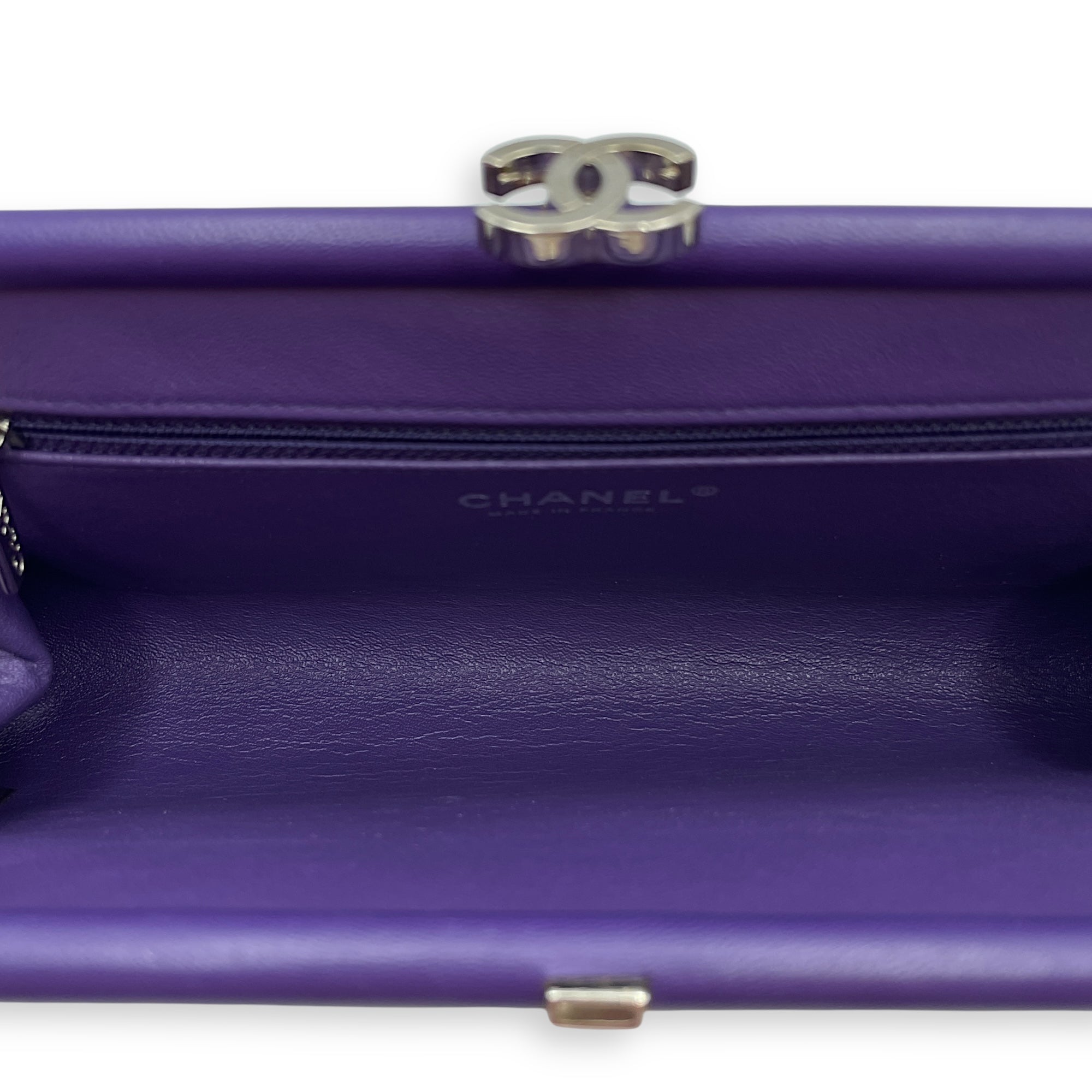 Quilted Timeless Purple Clutch in Lambskin, Silver hardware