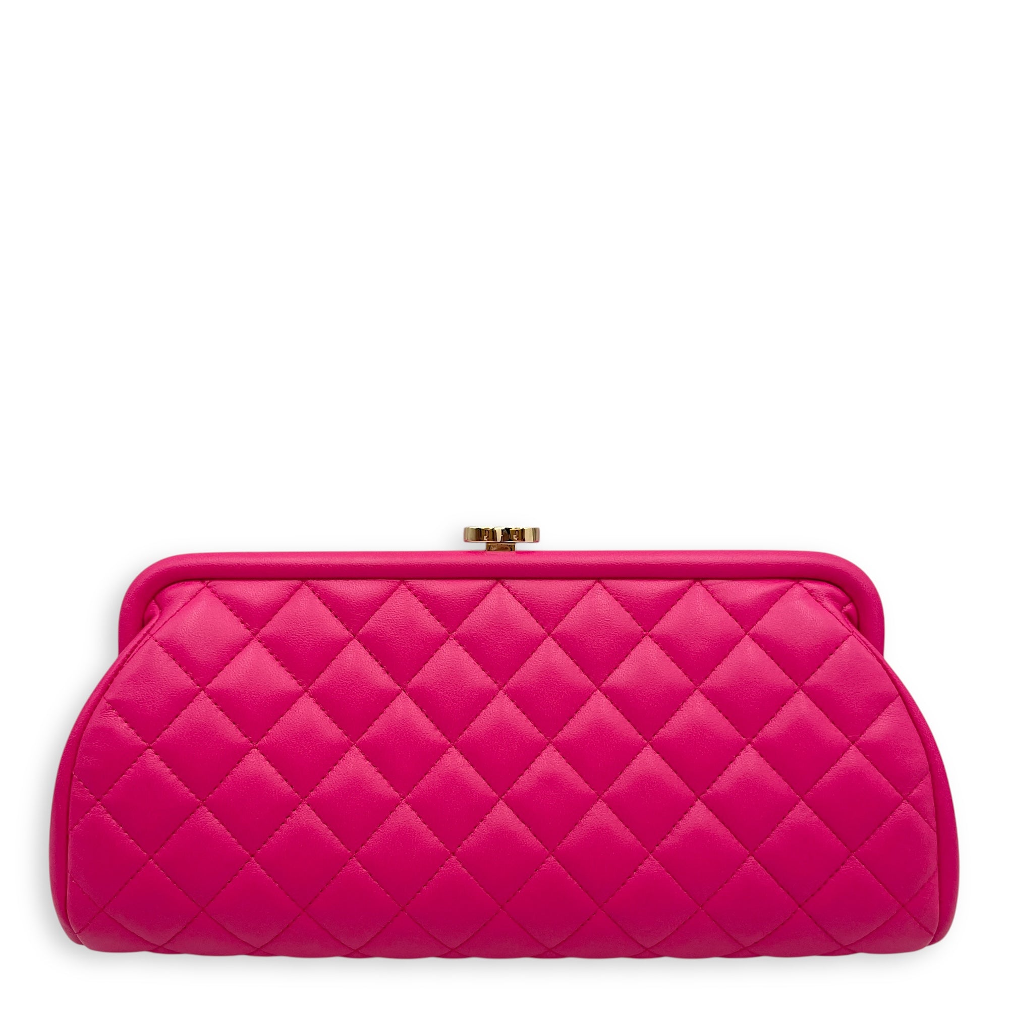 Quilted Timeless Pink Clutch in Lambskin, Gold hardware