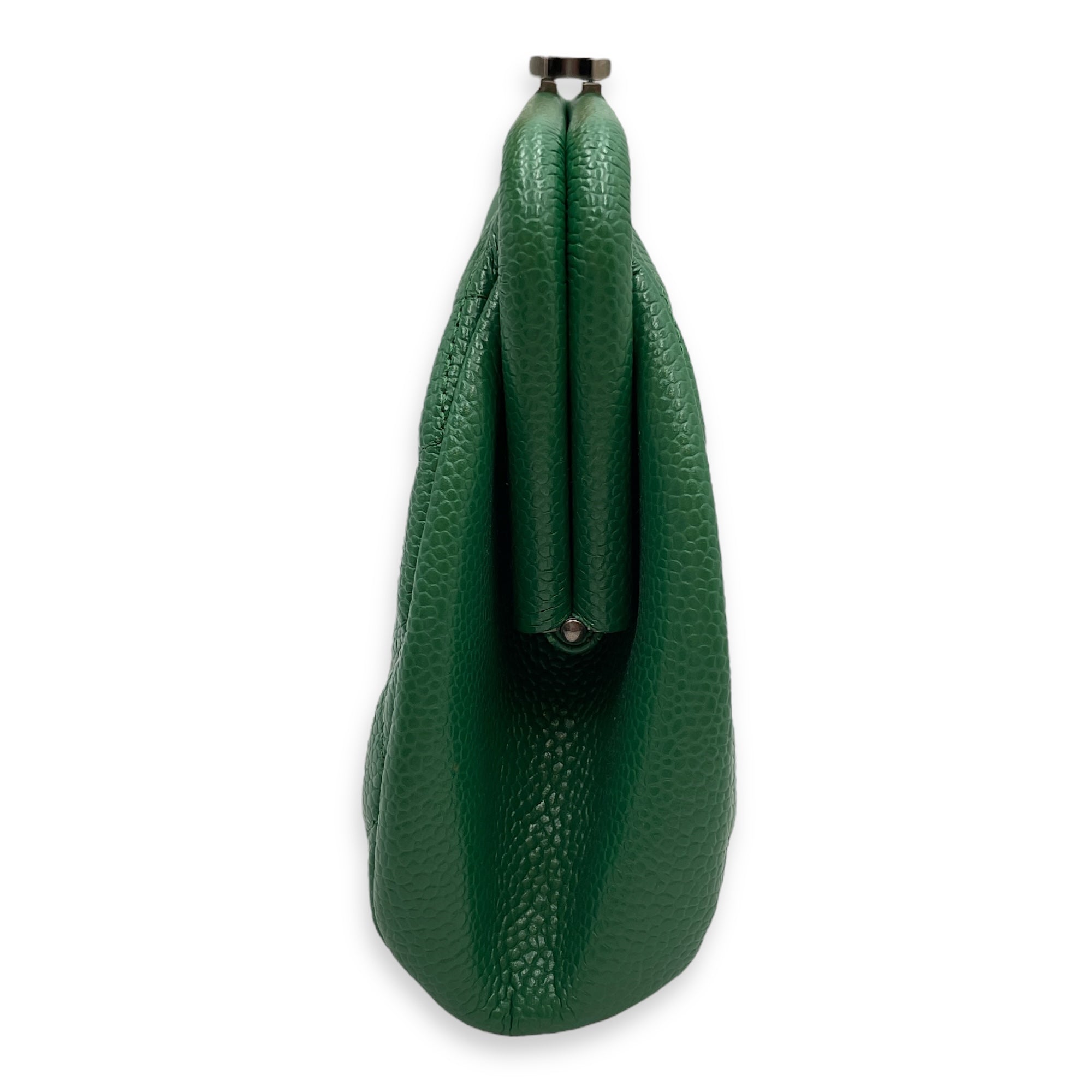 Quilted Timeless Green Clutch in Caviar Leather, Silver hardware