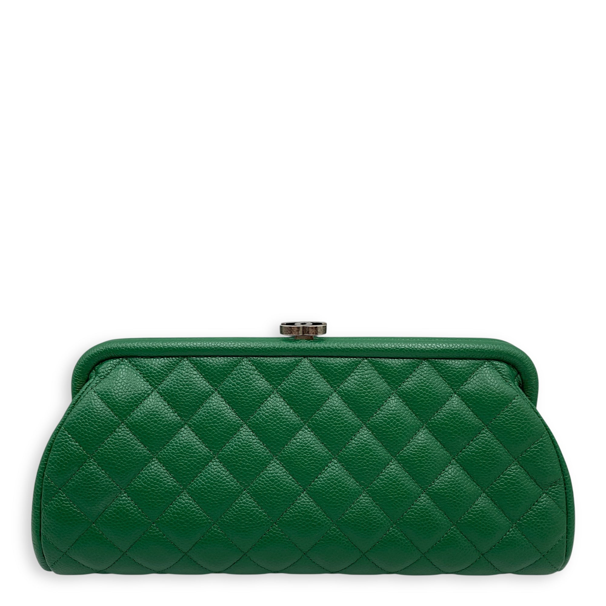 Quilted Timeless Green Clutch in Caviar Leather, Silver hardware