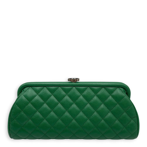 Quilted Timeless Green Clutch in Caviar Leather, Silver hardware