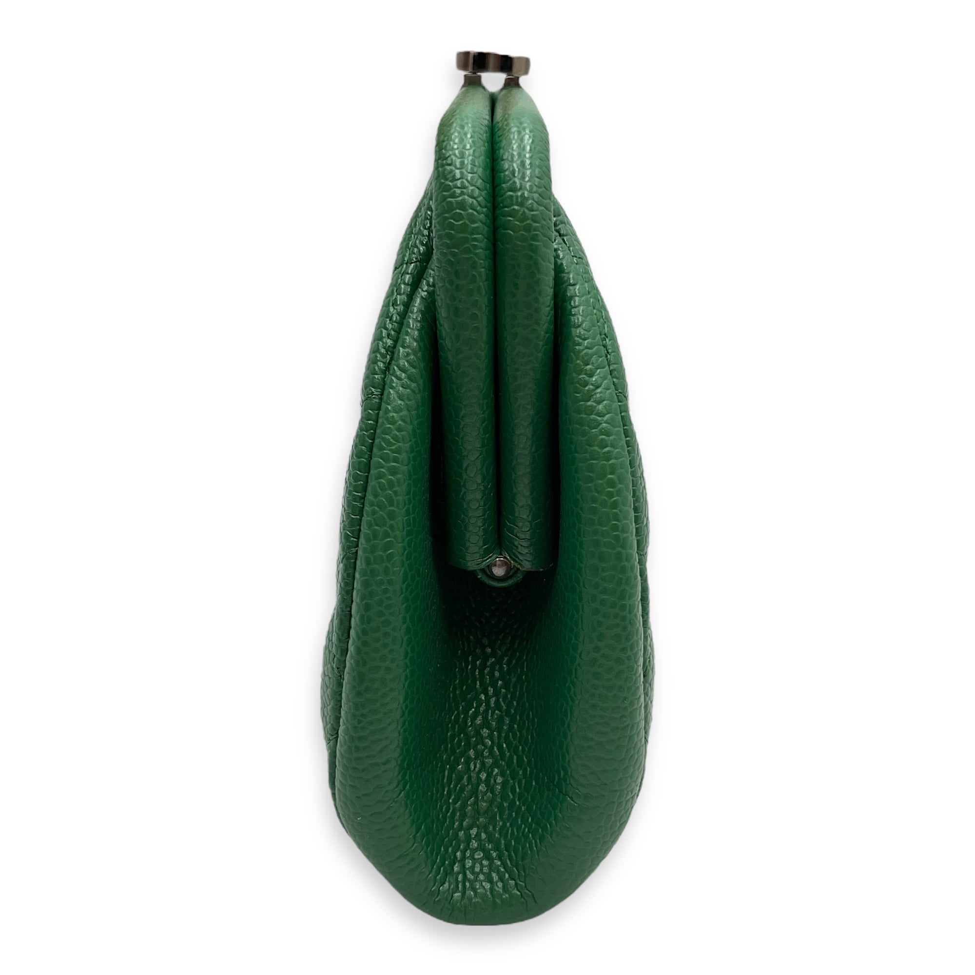 Quilted Timeless Green Clutch in Caviar Leather, Silver hardware