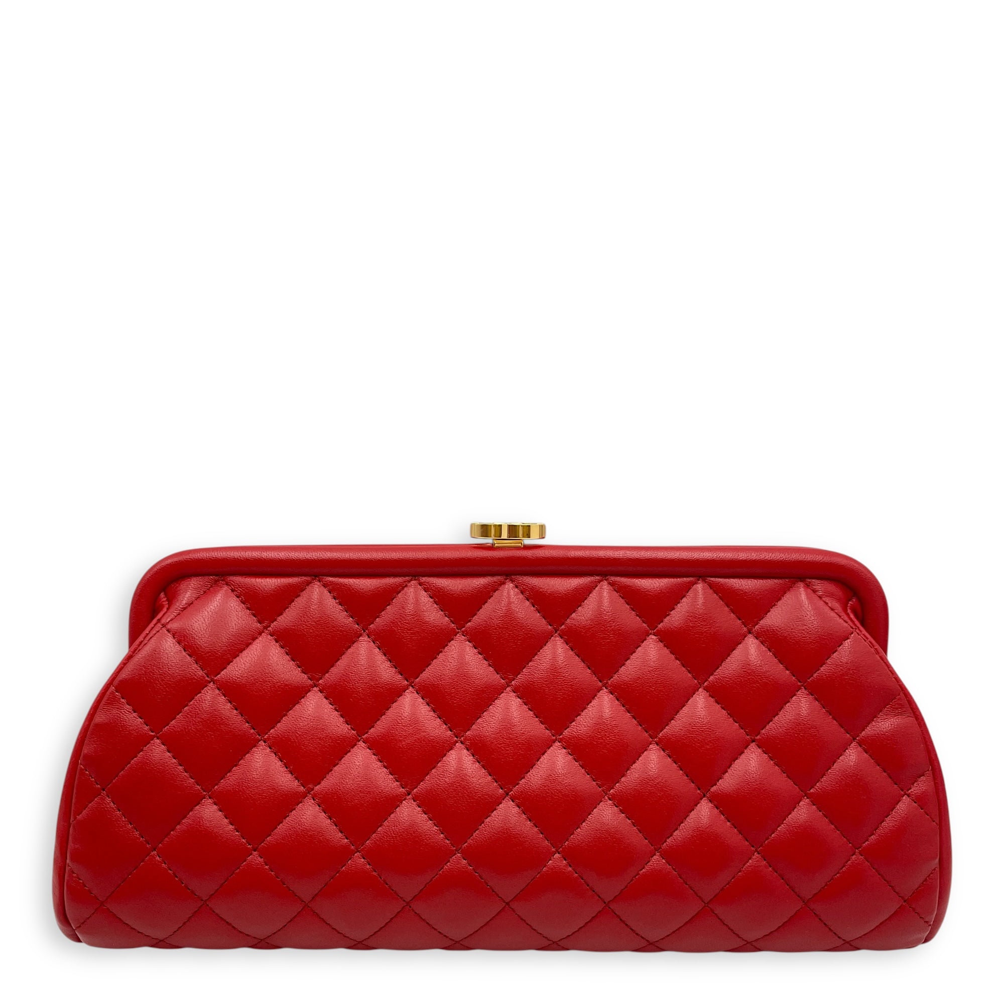 Quilted Timeless Red Clutch in Lambskin, Gold hardware