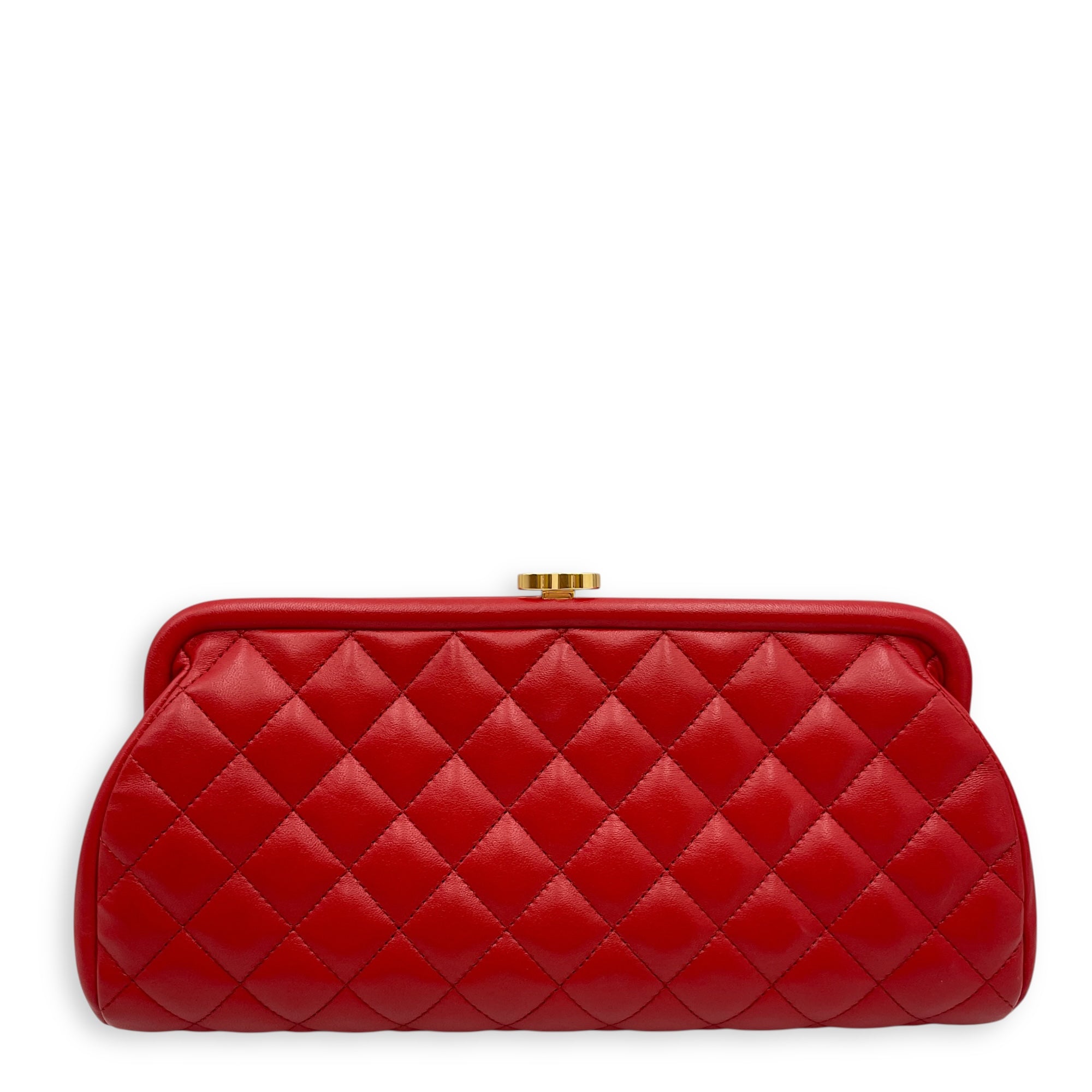 Quilted Timeless Red Clutch in Lambskin, Gold hardware