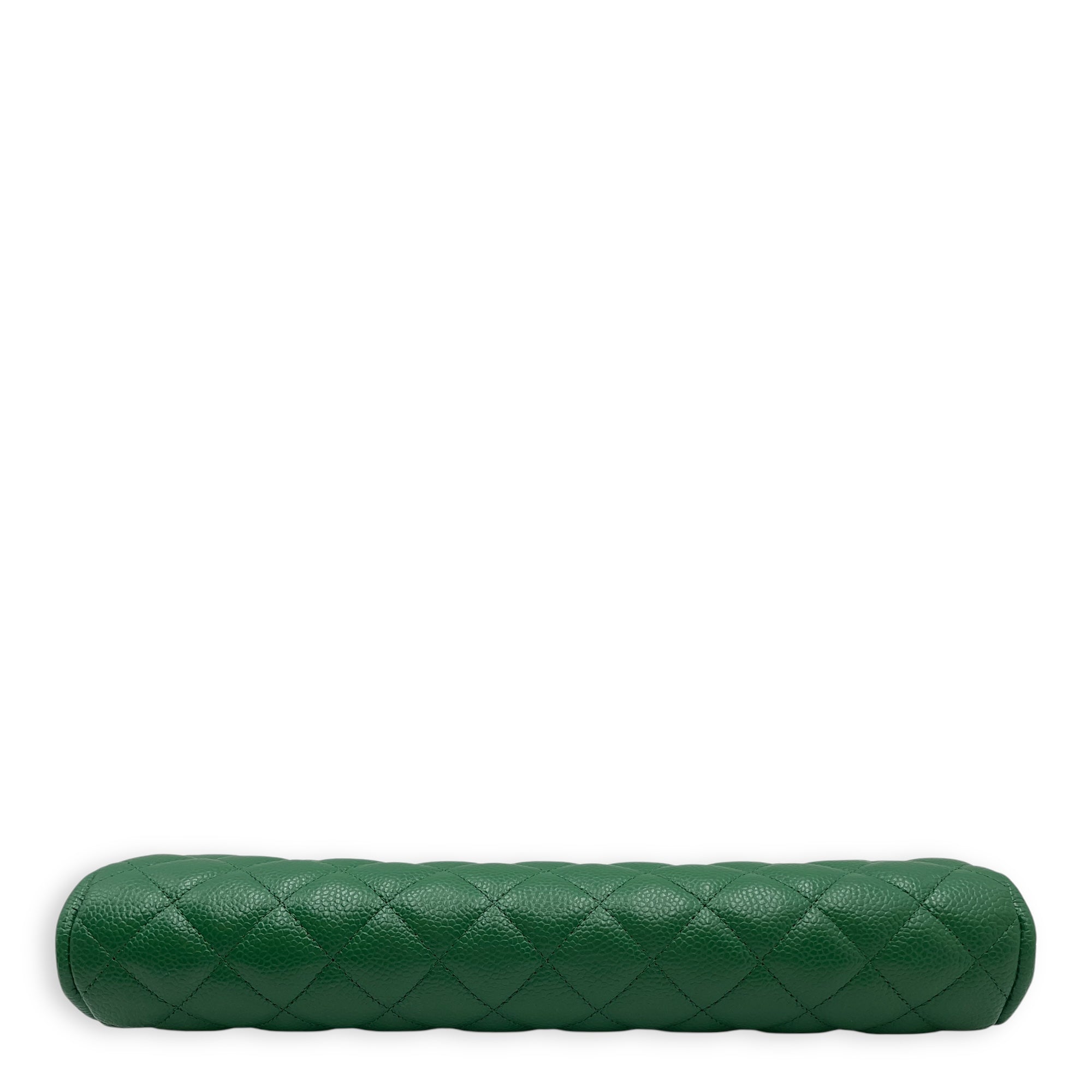 Quilted Timeless Green Clutch in Caviar Leather, Silver hardware