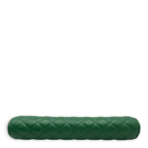 Quilted Timeless Green Clutch in Caviar Leather, Silver hardware