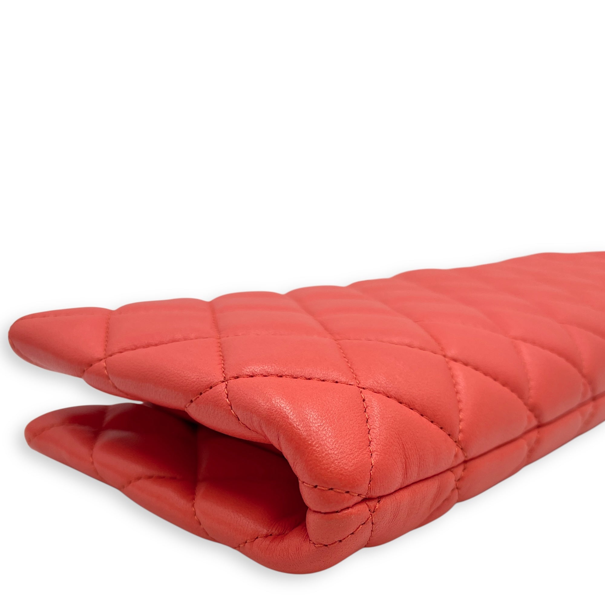 Quilted Crystal Camellia Orange Long Clutch in Lambskin