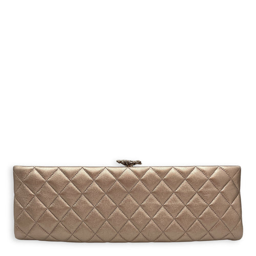 Quilted Crystal Camellia Evening Metallic Bronze Long Clutch
