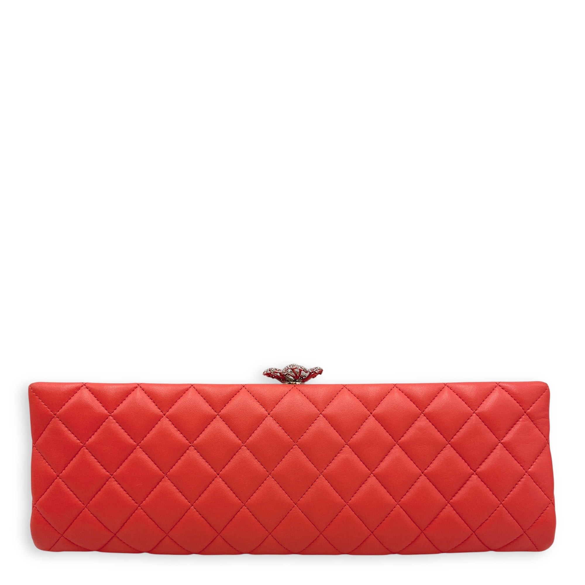 Quilted Crystal Camellia Orange Long Clutch in Lambskin