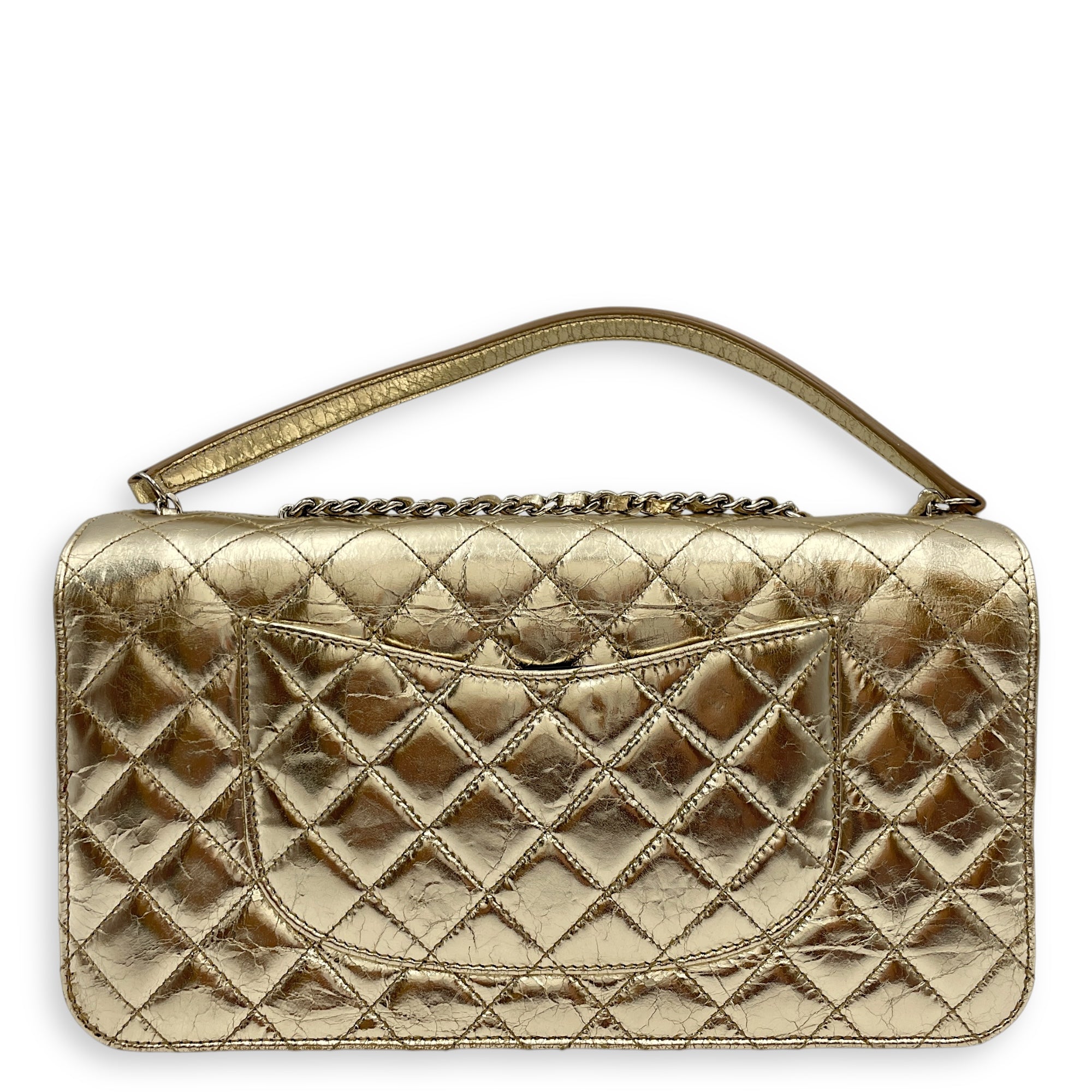 Crinkled Gold Flap Bag in Distressed Leather, Gold hardware