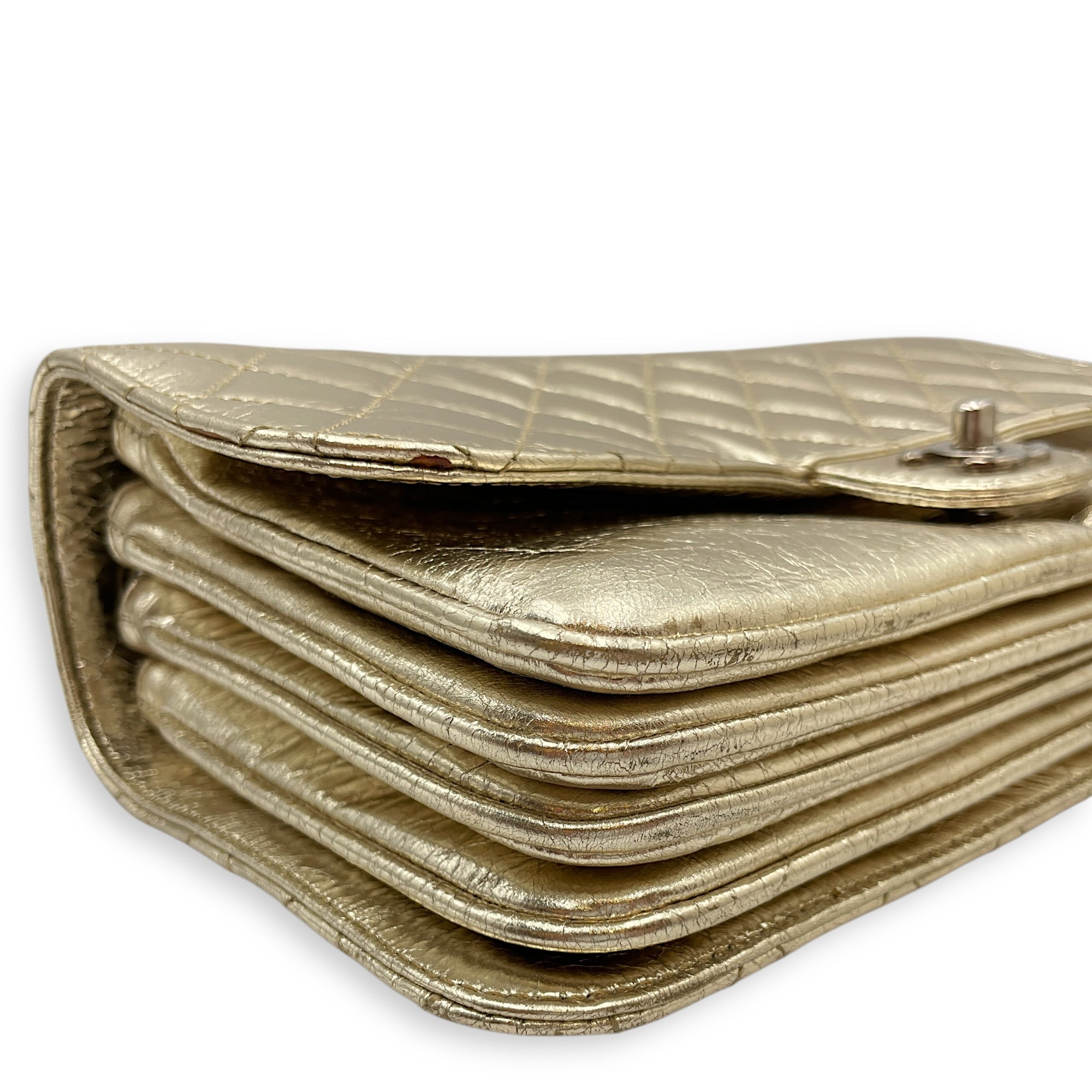Crinkled Gold Flap Bag in Distressed Leather, Gold hardware