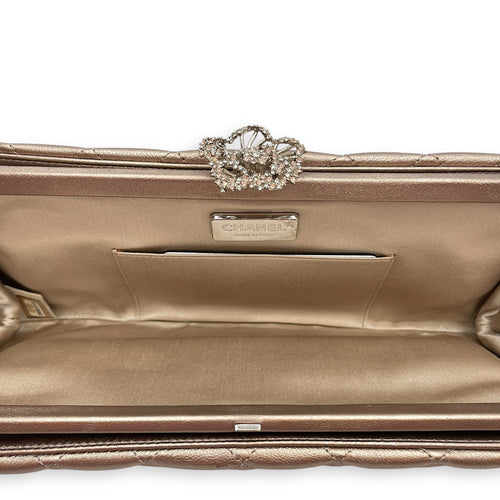 Quilted Crystal Camellia Evening Metallic Bronze Long Clutch