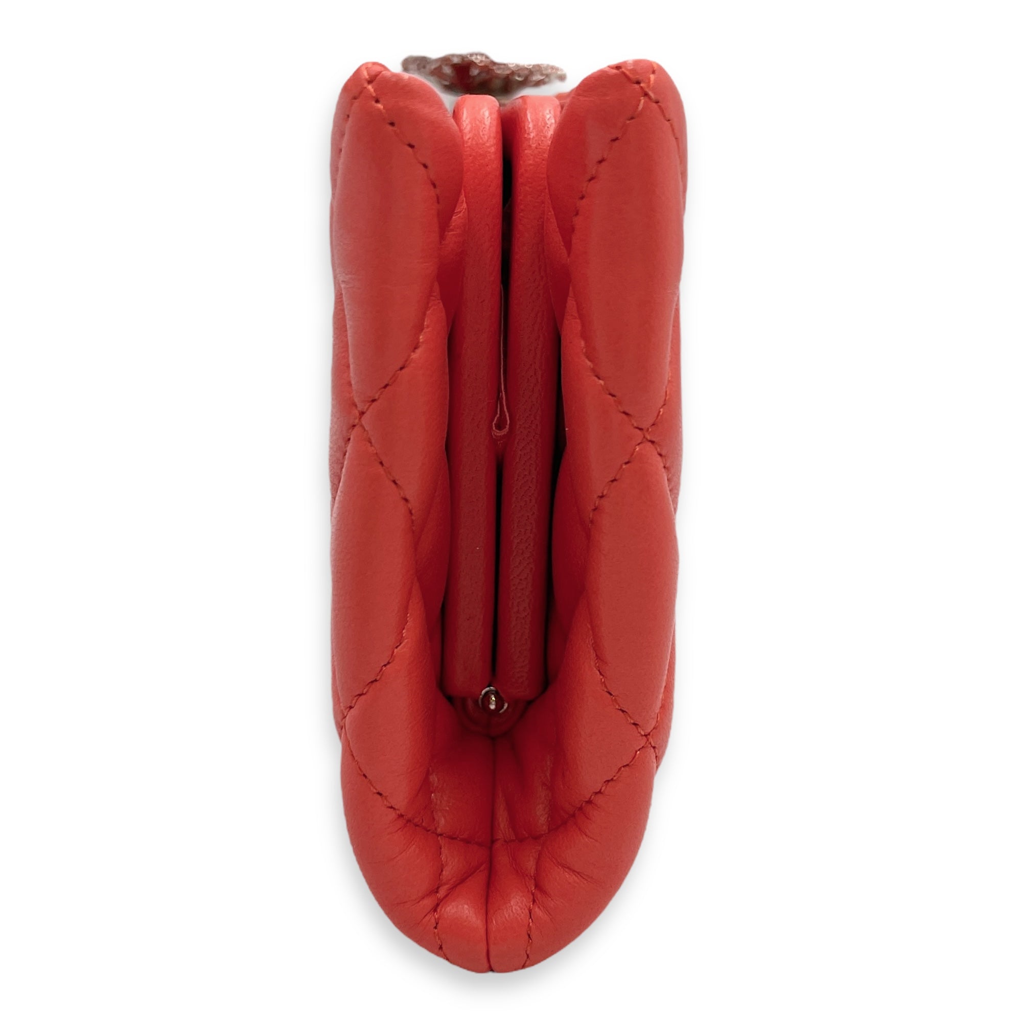 Quilted Crystal Camellia Orange Long Clutch in Lambskin