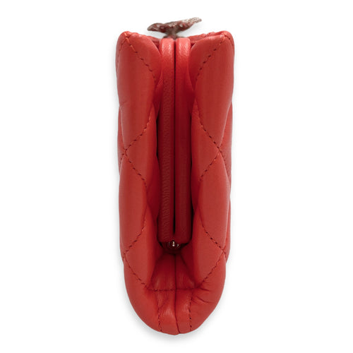 Quilted Crystal Camellia Orange Long Clutch in Lambskin