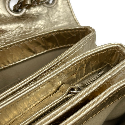 Crinkled Gold Flap Bag in Distressed Leather, Gold hardware