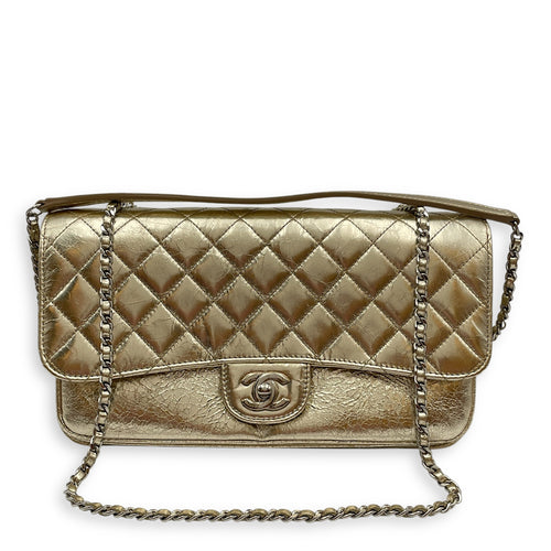 Crinkled Gold Flap Bag in Distressed Leather, Gold hardware
