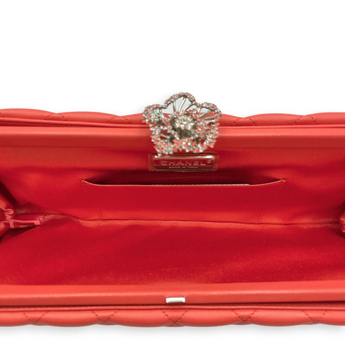 Quilted Crystal Camellia Orange Long Clutch in Lambskin