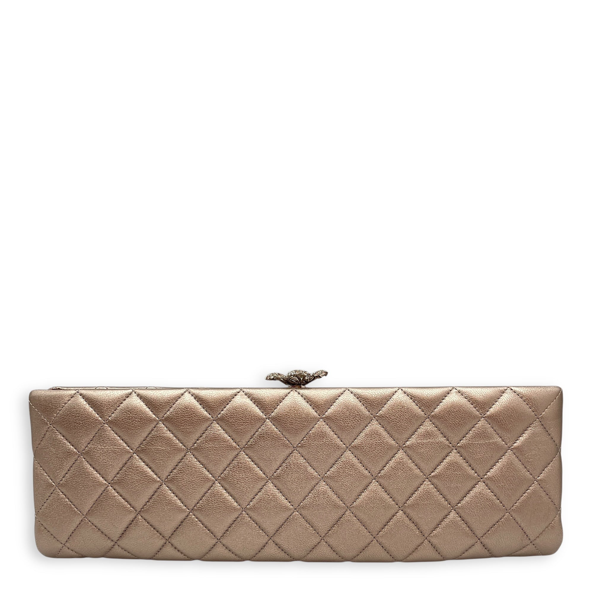 Quilted Crystal Camellia Evening Metallic Bronze Long Clutch
