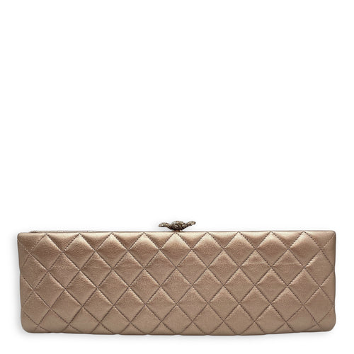 Quilted Crystal Camellia Evening Metallic Bronze Long Clutch