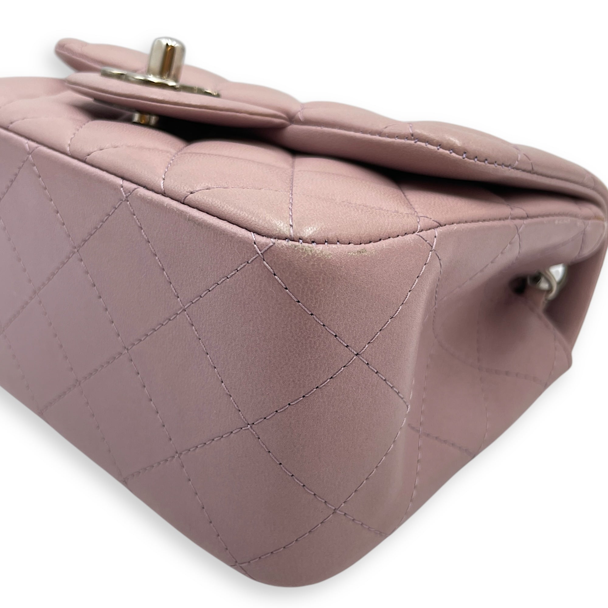 Square Mini Pink Flap Bag in Calfskin, Silver hardware
