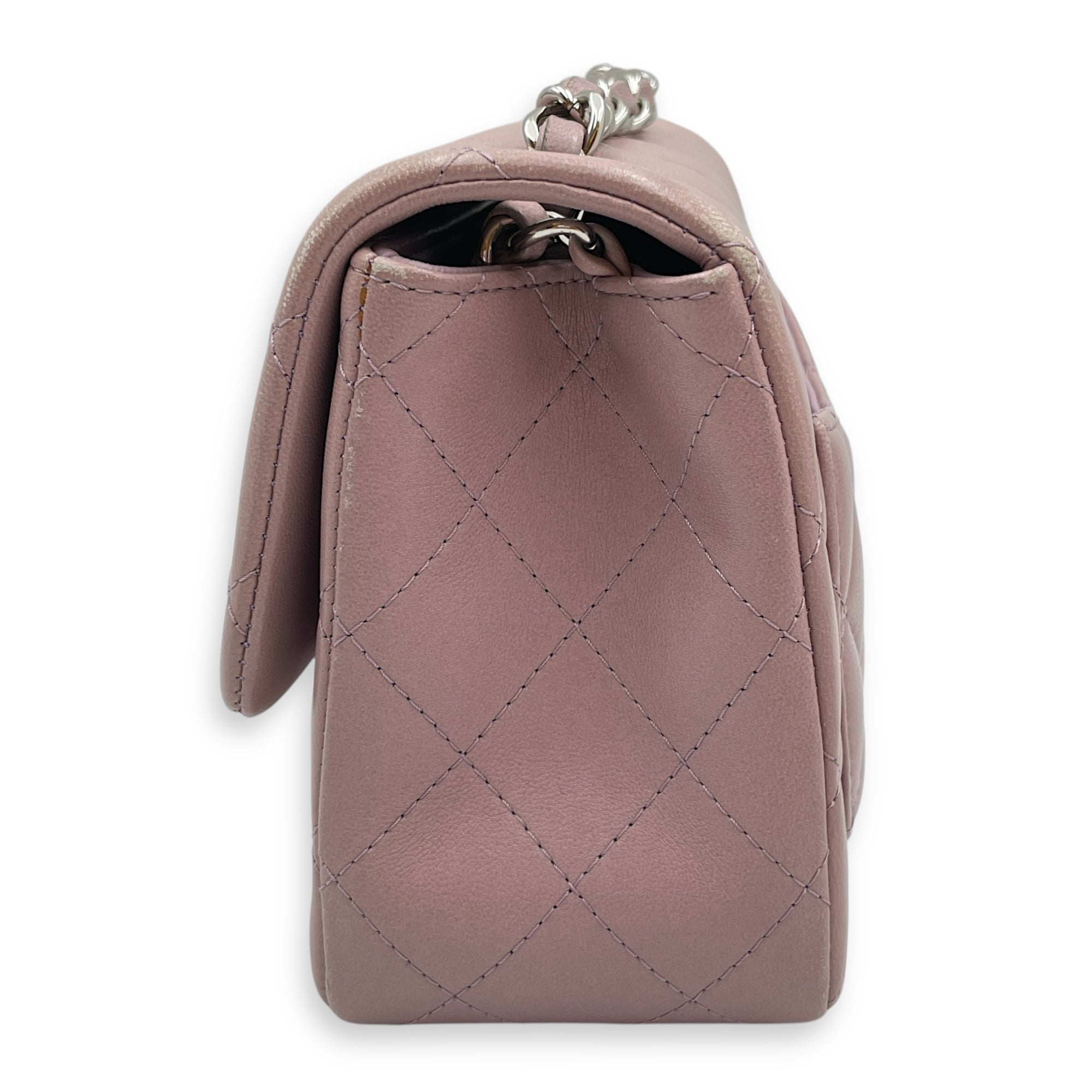 Square Mini Pink Flap Bag in Calfskin, Silver hardware