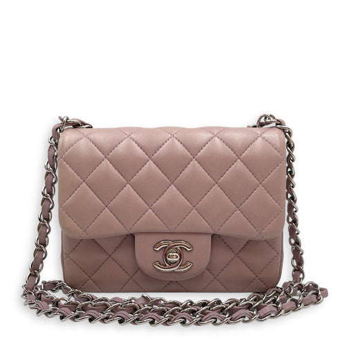 Square Mini Pink Flap Bag in Calfskin, Silver hardware