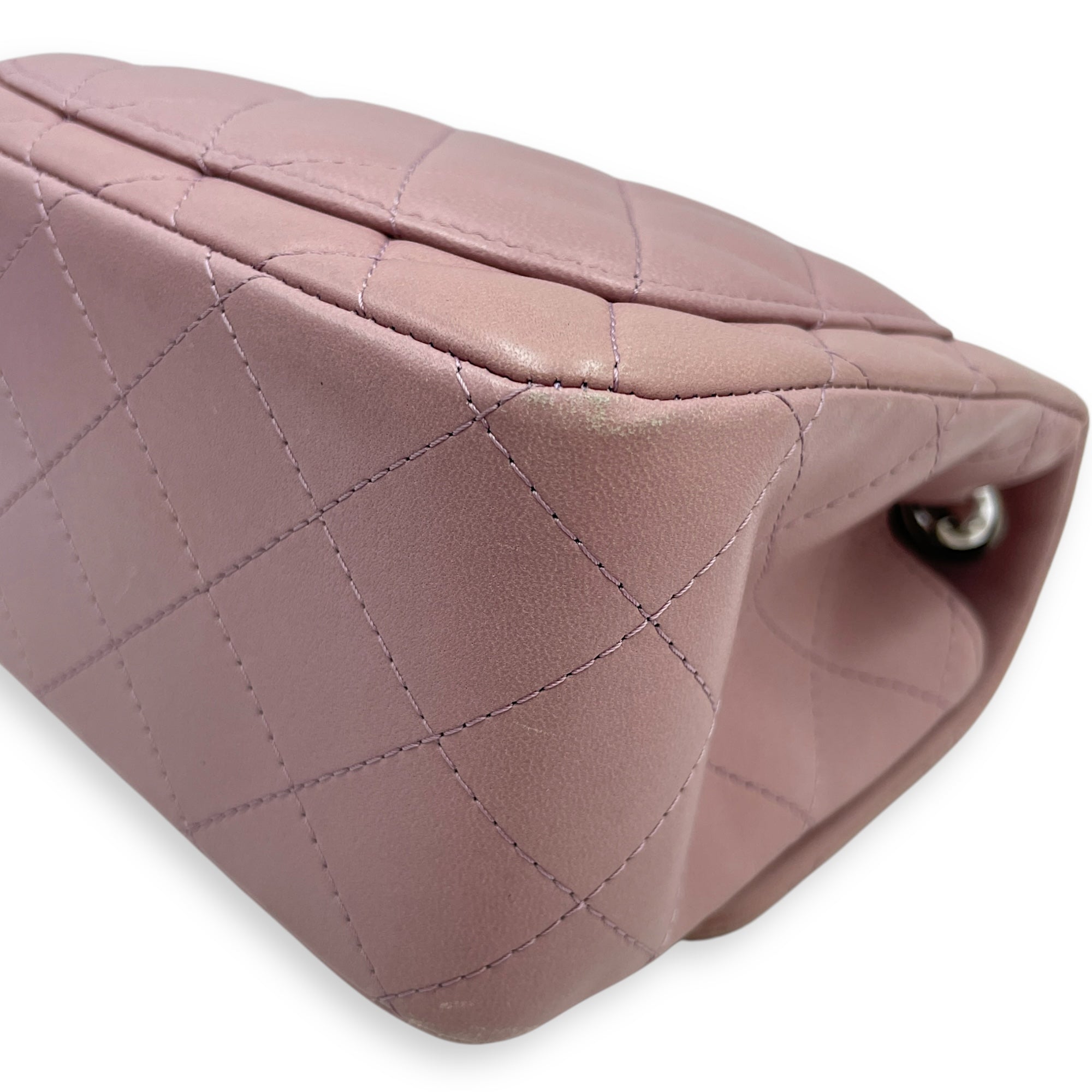 Square Mini Pink Flap Bag in Calfskin, Silver hardware
