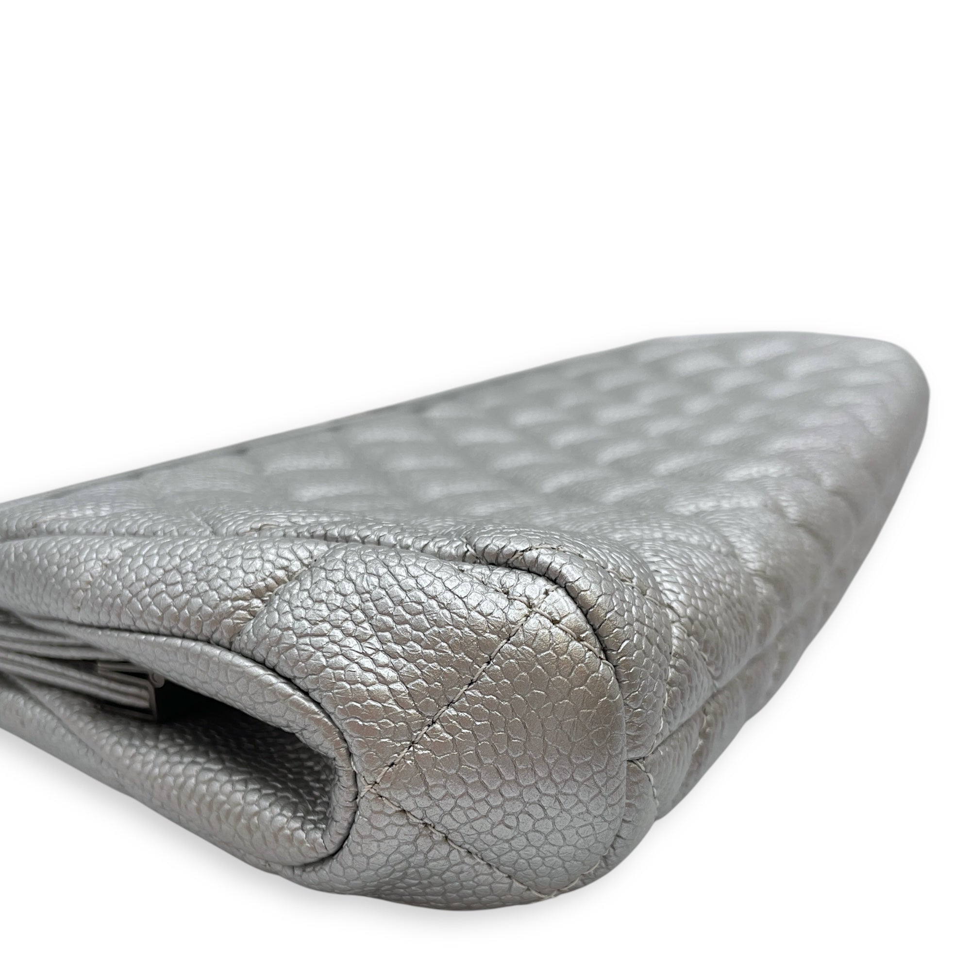 CC Quilted Silver Clutch in Caviar Leather, Ruthenium hardware